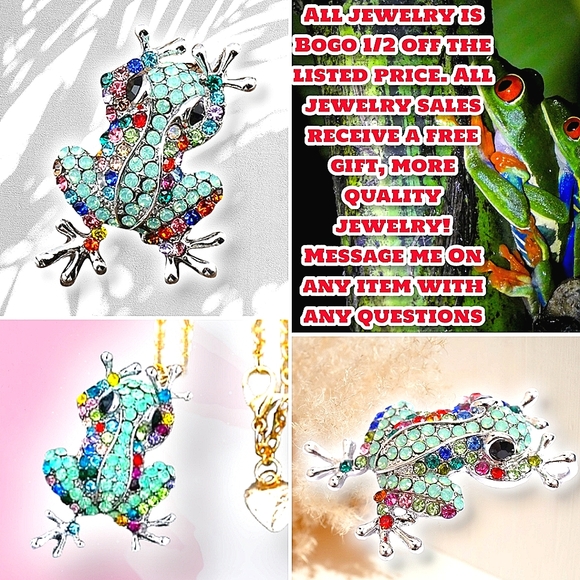 Silver plated multicolor crystal frog necklace/brooch with gold chain - Picture 1 of 15
